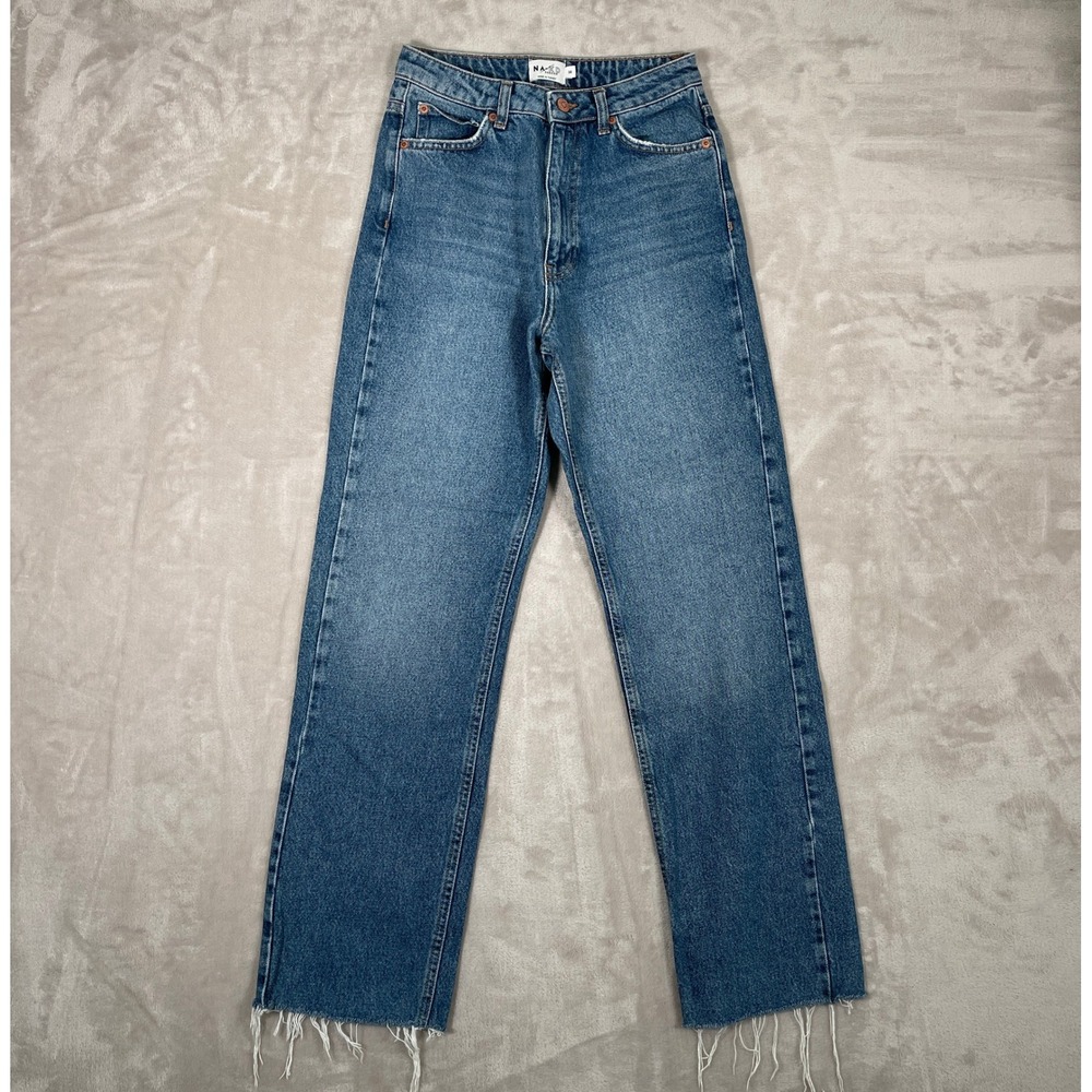 NA-KD Reborn Women's Jeans Organic Straight High Waist Raw Hem 36 (S) Blue